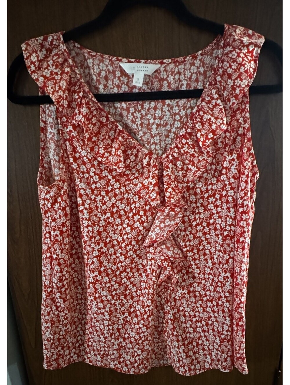 LC Lauren Conrad Red Floral Sleeveless Ruffle Tie Neck Blouse Top Small